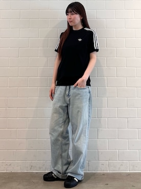 「adidas（アディダス）のレース スリーストライプス Tシャツ / アディダスオリジナルス adidas Originals（Tシャツ/カットソー、ブラック系）」を使った、YTさん（レディース・163cm）の夏コーディネート