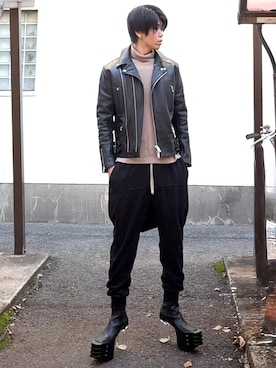 「アイテム（ライダースジャケット）」を使った、mumuchan827さん（メンズ・180cm・30代）の冬コーディネート