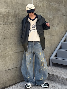 「link lot（リンクロット）のオーバーサイズジップアップ合皮ブルゾン（ブルゾン、ブラック系）」を使った、taiyoさん（メンズ・164cm）の春コーディネート