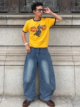 「YOLO（ヨーロ）のアイテム（デニムパンツ、ブルー系）」を使った、taiyoさん（メンズ・164cm）の夏コーディネート