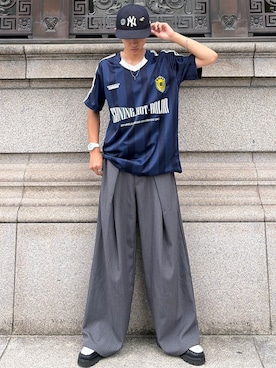 「YOLO（ヨーロ）のアイテム（Tシャツ/カットソー、ブルー系）」を使った、taiyoさん（メンズ・164cm）の夏コーディネート