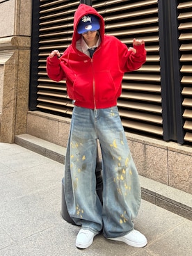 「soerte（ソエルテ）のHeavy weight double zip-up hoodie /ヘビーウェイトダブルジップフーディー 【短丈】（パーカー、レッド系）」を使った、taiyoさん（メンズ・164cm）の春コーディネート