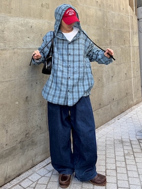「link lot（リンクロット）の【26春夏新作アイテム】ガーゼフード付きチェックシャツ（シャツ/ブラウス、ブルー系）」を使った、taiyoさん（メンズ・164cm）の春コーディネート