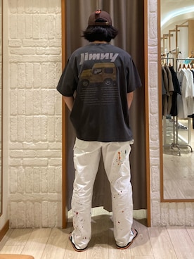 「GLOSTER（グロスター）の【別注/実績アイテム】Suzuki Jimny プリントTシャツ（Tシャツ/カットソー、グレー系）」を使った、miyazakiさん（メンズ・171cm）の夏コーディネート