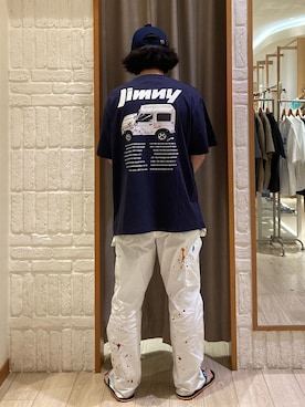 「GLOSTER（グロスター）の【別注/実績アイテム】Suzuki Jimny プリントTシャツ（Tシャツ/カットソー、ブルー系）」を使った、miyazakiさん（メンズ・171cm）の夏コーディネート