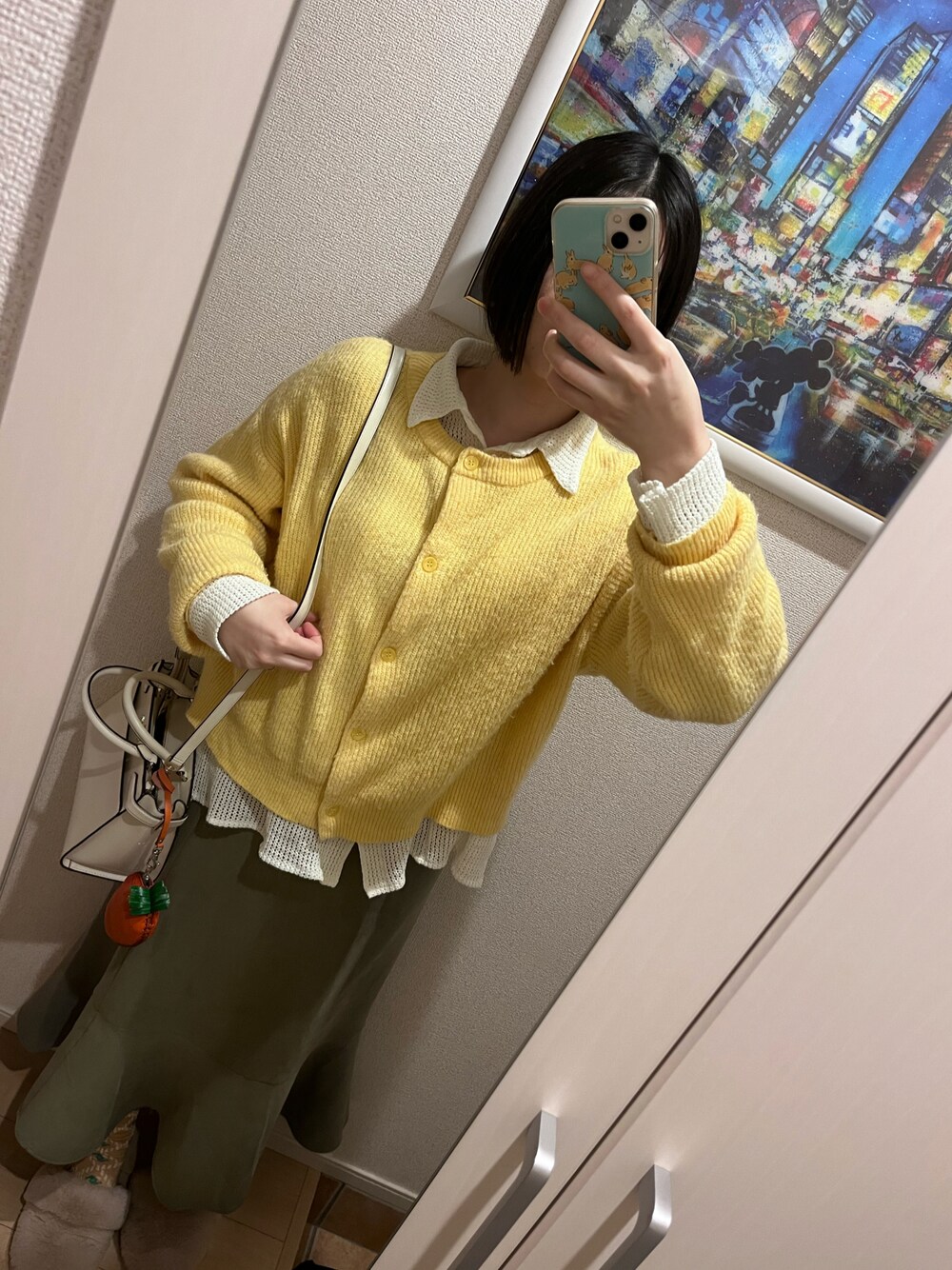 「Lugnoncureの前後2WAYメランジニットカーディガン（カーディガン/ボレロ、イエロー系）」を使った、bitansansuiさん（レディース・162cm）の春コーディネートの1枚目の写真