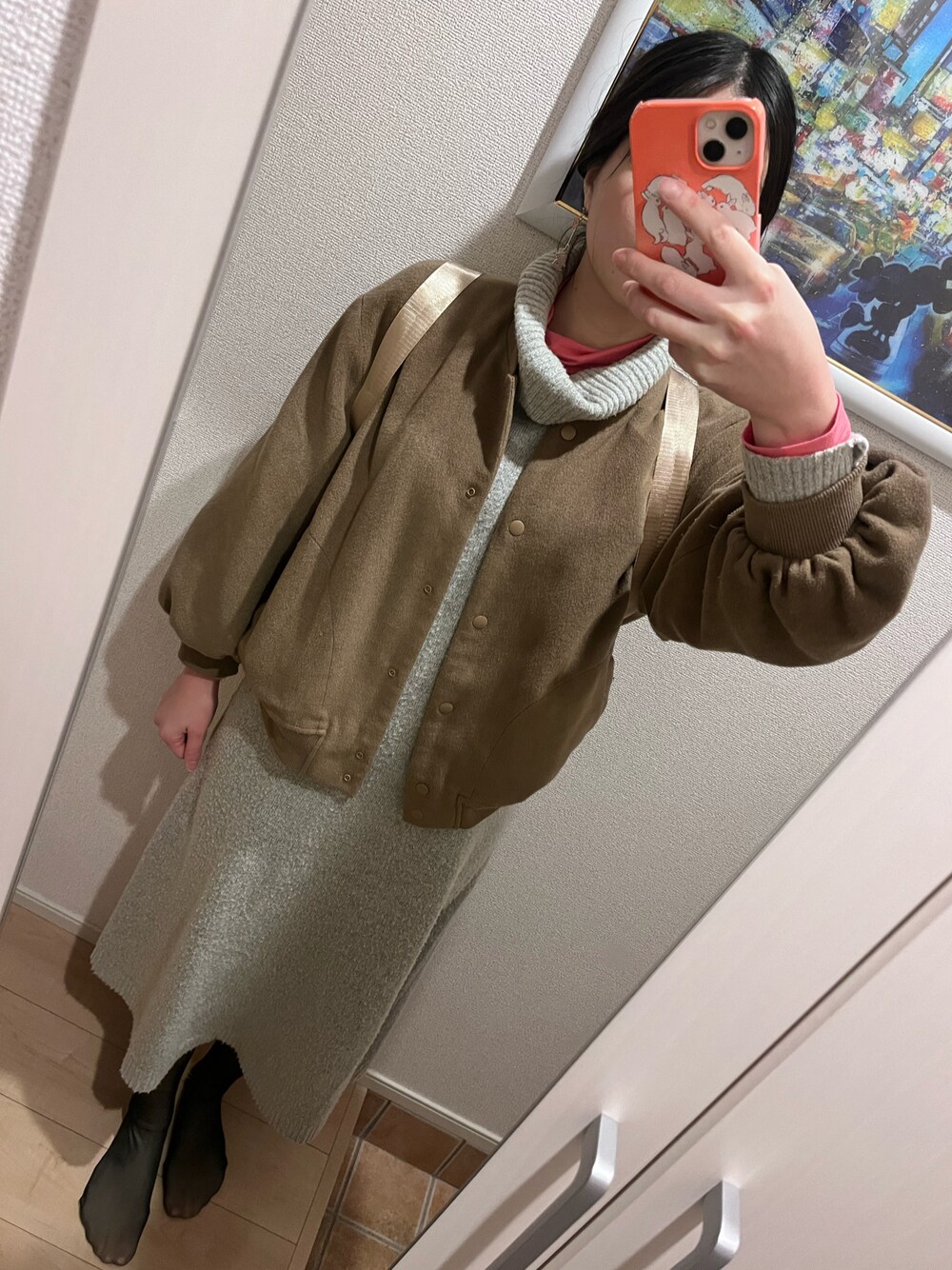 「earth music&ecologyの袖ボリュームスタジャン　＊（その他アウター、ベージュ系）」を使った、bitansansuiさん（骨格ナチュラル・レディース・162cm）の冬コーディネートの1枚目の写真