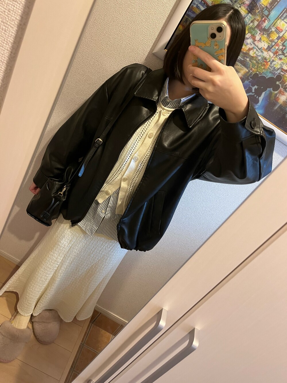 「LOWRYS FARMのレザーＺＩＰドロストブルゾン　 133562（ブルゾン、ブラック系）」を使った、bitansansuiさん（レディース・162cm）の春コーディネートの1枚目の写真