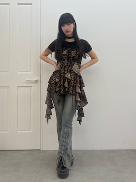 「jouetie（ジュエティ）のレースアップフィットフレアデニム（デニムパンツ、ブルー系）」を使った、ALYSHIAさん（レディース・167cm）の夏コーディネート