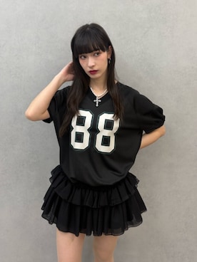 「jouetie（ジュエティ）のストレッチレースアップロングブーツ（ブーツ、ブラック系）」を使った、ALYSHIAさん（レディース・167cm）の春コーディネート