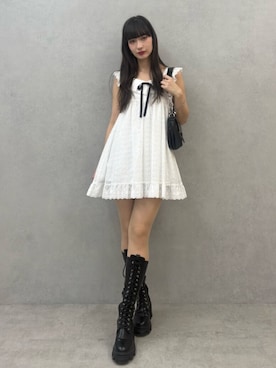 「jouetie（ジュエティ）のストレッチレースアップロングブーツ（ブーツ、ブラック系）」を使った、ALYSHIAさん（レディース・167cm）の春コーディネート