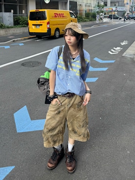 「aeae（エーイーエーイー）のWEB LOGO CAP（キャップ、イエロー系）」を使った、ごまだれさん（レディース・162cm）の夏コーディネート
