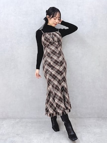 リゼクシー　バイアスチェックビスチェワンピース　ブラウン RESEXXY ワンピース バイアスチェックビスチェワンピース