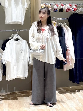 「GLOBAL WORK（グローバルワーク）のふわふわパチパチヘアカフSS/635217（その他ヘアアクセサリー、グレー系）」を使った、GW hinAさん（レディース）の夏コーディネート