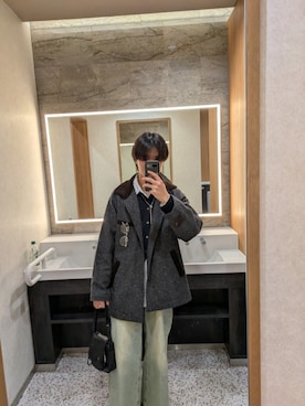 「WYM LIDNM（ウィム バイ リドム）のT/C BASIC KNIT SHIRT CARDIGAN（シャツ/ブラウス、グレー系）」を使った、HISAさん（メンズ・172cm）の冬コーディネート