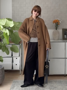 「for/c p.m（フォーシーピーエム）の[for/c p.m]リバーステンカラーコクーンロングコート（ステンカラーコート、イエロー系）」を使った、MINAEさん（レディース・160cm）の秋コーディネート
