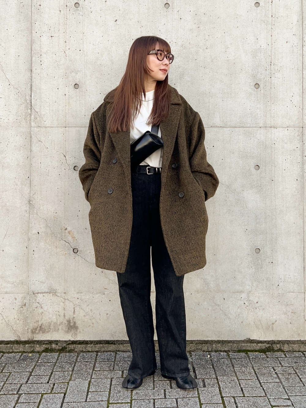 happy johnウールブレンドシャギーコクーンPコート　ブラック wool blend shaggy cocoon p coat/ウールブレンドシャギー