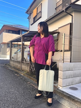 「CIAOPANIC TYPY（チャオパニックティピー）の【夏の体型カバー】リネンレーヨンドルマンシャツ（シャツ/ブラウス、パープル系）」を使った、nanさん（レディース・164cm）の秋コーディネート