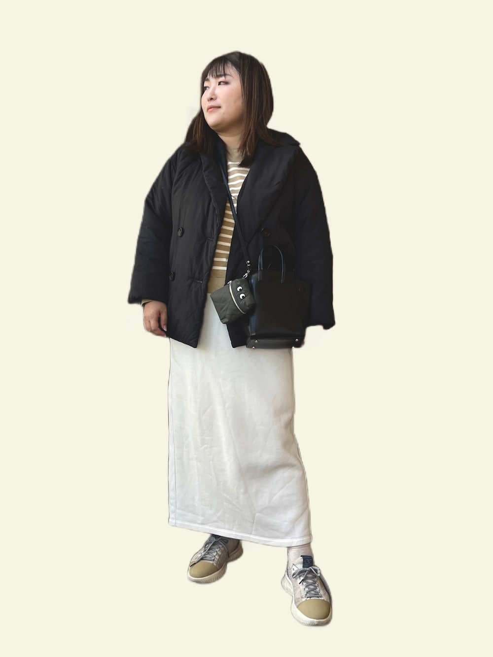 「お出かけコーデ、ボーダー、キャメル、ニット、スカートコーデ、スニーカー、シンプル、ぽっちゃり」｜「COLE HAANのジェネレーション ゼログランド II mens（スニーカー、ベージュ系）」を使った、nanさん（レディース・164cm）の春コーディネートの1枚目の写真