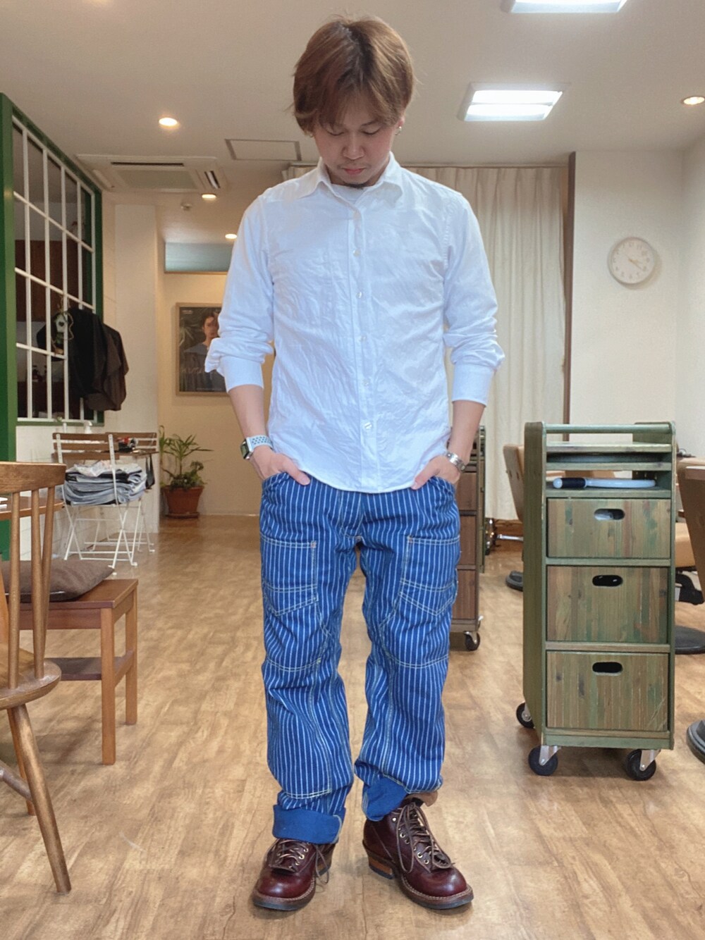 「アメカジ、アメカジコーデ、春コーデ、白シャツ、ウォバッシュ、ワークブーツ、フリーホイーラーズ」｜「無印良品のアイテム（シャツ/ブラウス、ホワイト系）」を使った、HAYAさん（メンズ・160cm）の春コーディネートの1枚目の写真