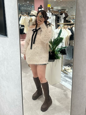 「one after another NICE CLAUP（ワンアフターアナザーナイスクラップ）の【Premium order】ふわモテジュエルニットミニワンピ（ワンピース、ピンク系）」を使った、miho【骨格ストレート/イエベ春】さん（レディース・161cm）の夏コーディネート