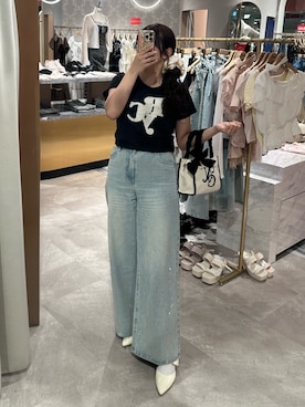 「one after another NICE CLAUP（ワンアフターアナザーナイスクラップ）のキラキラワイドデニム（デニムパンツ、ブルー系）」を使った、miho【骨格ストレート/イエベ春】さん（レディース・161cm）の夏コーディネート