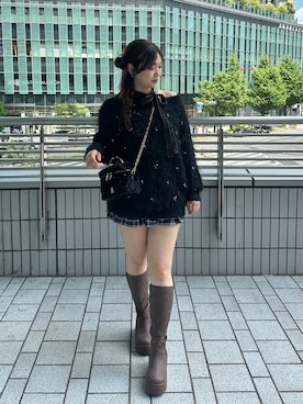 「one after another NICE CLAUP（ワンアフターアナザーナイスクラップ）の≪リバイバル≫【マイナス3キロ見え】サイドゴアボリュームソールロングブーツ（ブーツ、ブラウン系）」を使った、miho【骨格ストレート/イエベ春】さん（レディース・161cm）の夏コーディネート