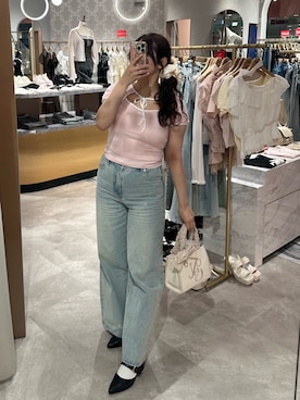 「one after another NICE CLAUP（ワンアフターアナザーナイスクラップ）のキラキラワイドデニム（デニムパンツ、ブルー系）」を使った、miho【骨格ストレート/イエベ春】さん（レディース・161cm）の夏コーディネート
