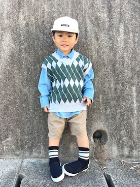 「アイテム（キャップ）」を使った、りつぼーさん（キッズ・90cm）の秋コーディネート