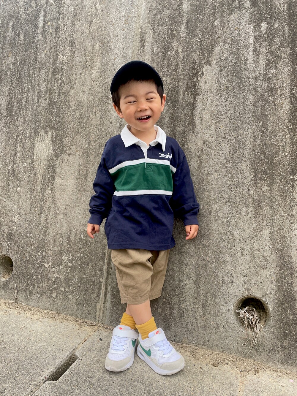 「カラーソックス、キッズファッション、休日スタイル、ロンT、ラガーシャツ、アウトドアスタイル、ZOZOKIDSDAY、ごきげんウィーク、ハーフパンツ」｜「Birthdayのアイテム（キャップ、ブルー系）」を使った、りつぼーさん（キッズ・90cm）の春コーディネートの1枚目の写真