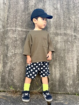 「アイテム（キャップ）」を使った、りつぼーさん（キッズ・90cm）の秋コーディネート