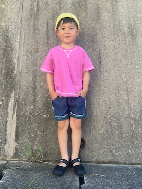 「JAM & LINK（ジャムアンドリンク）の配色ステッチ ビッグシルエット半袖Tシャツ（Tシャツ/カットソー）」を使った、りつぼーさん（キッズ・100cm）の夏コーディネート