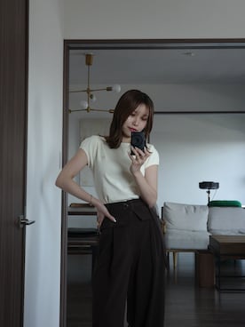 「CAPRICIEUX LE'MAGE（カプリシューレマージュ）の1ポイントボートネックT（Tシャツ/カットソー、イエロー系）」を使った、aoiさん（レディース・158cm）の夏コーディネート