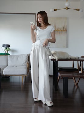 「CAPRICIEUX LE'MAGE（カプリシューレマージュ）の【前後2way】裾レースミニ袖T（Tシャツ/カットソー、ホワイト系）」を使った、aoiさん（レディース・158cm）の夏コーディネート