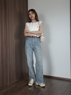 「CAPRICIEUX LE'MAGE（カプリシューレマージュ）の1ポイントノースリニット（Tシャツ/カットソー、ホワイト系）」を使った、aoiさん（レディース・158cm）の夏コーディネート