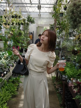 「CAPRICIEUX LE'MAGE（カプリシューレマージュ）のギャザーパフT（Tシャツ/カットソー、イエロー系）」を使った、aoiさん（レディース・158cm）の夏コーディネート