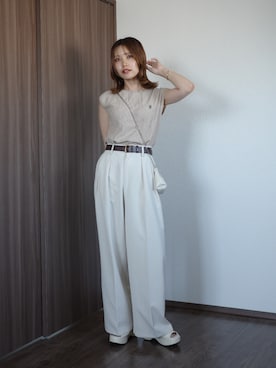 「CAPRICIEUX LE'MAGE（カプリシューレマージュ）の1ポイントノースリニット（Tシャツ/カットソー、ベージュ系）」を使った、aoiさん（レディース・158cm）の夏コーディネート