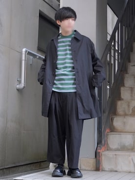 「ボーダートップス」｜「アイテム（ステンカラーコート）」を使った、Kyoさん（メンズ・168cm）の冬コーディネート