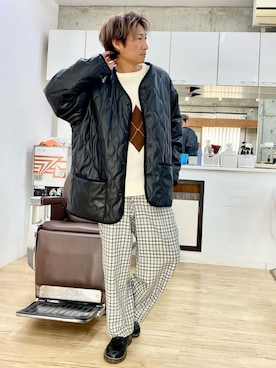 「チェック柄に恋してる」｜「アイテム（ダウンジャケット/コート）」を使った、チョキさんさん（メンズ・170cm）の冬コーディネート