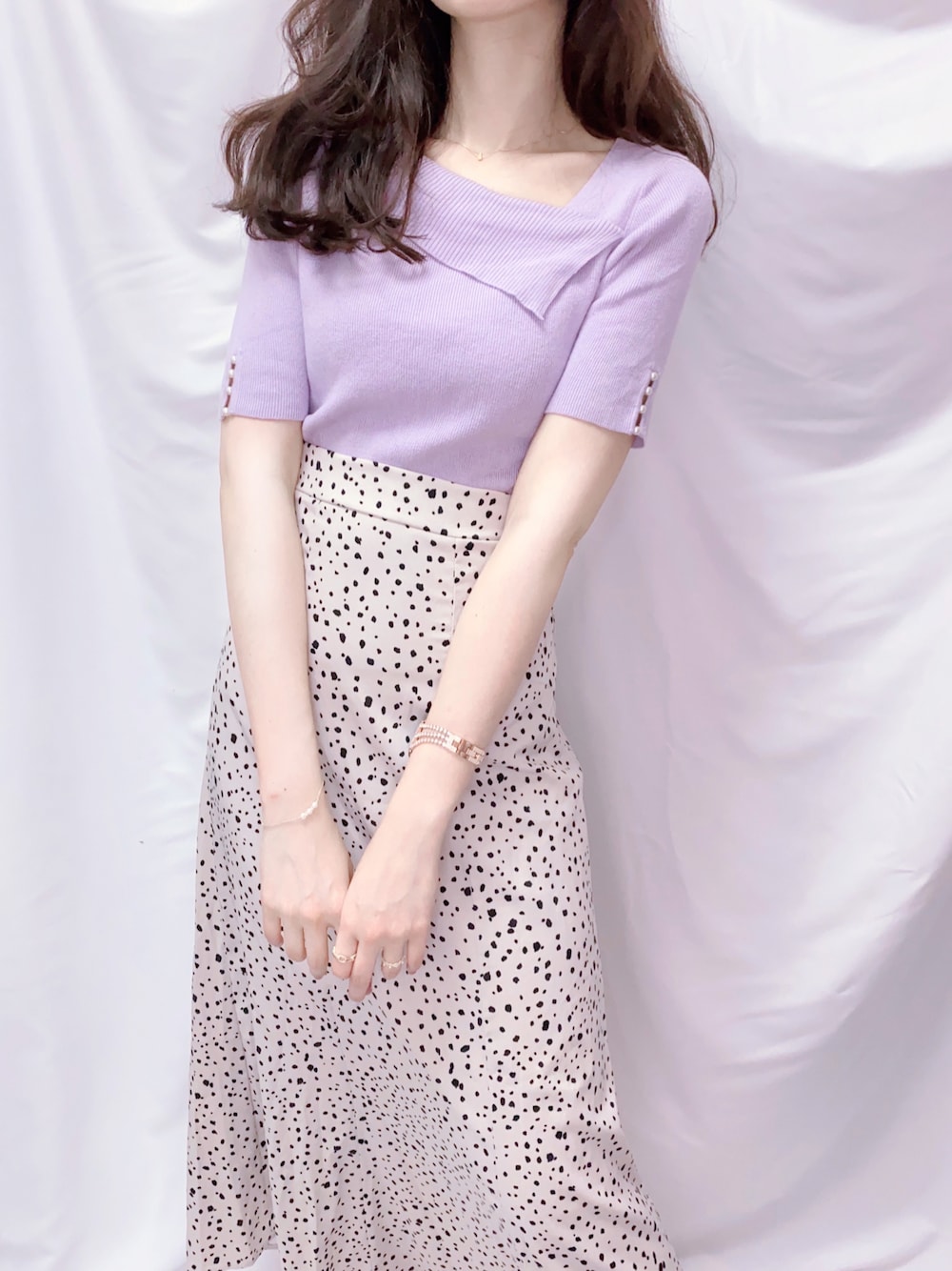 「ootd、MISCH MASCH、GRL」｜「MISCH MASCHのアシメリブニット（ニット/セーター、パープル系）」を使った、lilac さん（レディース・169cm）の夏コーディネートの1枚目の写真