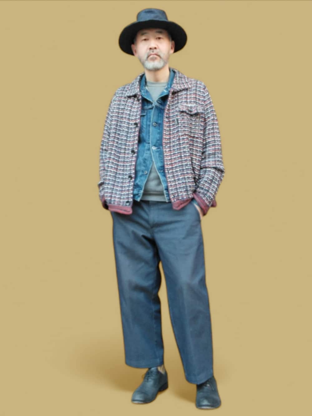 ブルー系のその他パンツ、ブルー系のデニムジャケット、その他のニット/セーターを着用したメンズの冬コーディネートの1枚目の写真