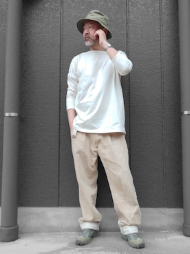 「TEMBEA（テンベア）のアイテム（帽子）」を使った、addict(s)さん（メンズ・178cm）の春コーディネート