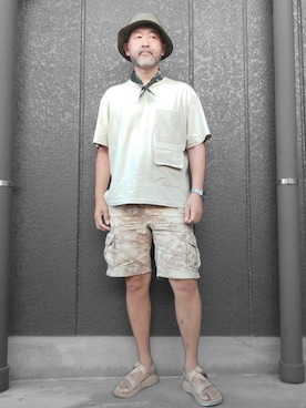 「TEMBEA（テンベア）のアイテム（帽子）」を使った、addict(s)さん（メンズ・178cm）の夏コーディネート