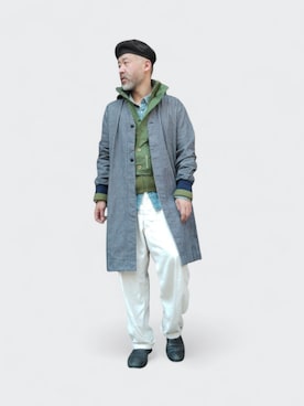 「motoneのアイテム（ノーカラーコート、ブルー系）」を使った、addict(s)さん（メンズ・178cm）の春コーディネート