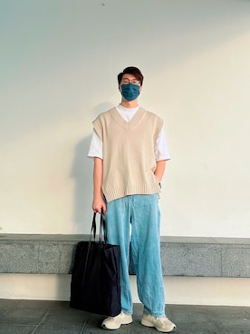 「plain-me（プレインミー）のアイテム（パンツ）」を使った、Ken Makさん（メンズ・178cm）の冬コーディネート