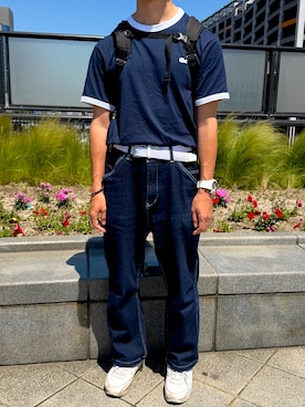 「LACOSTE（ラコステ）の【オンライン限定】LACOSTE ワンポイントロゴ リンガーTシャツ（Tシャツ/カットソー、ブルー系）」を使った、HiYoさん（メンズ・175cm）の秋コーディネート