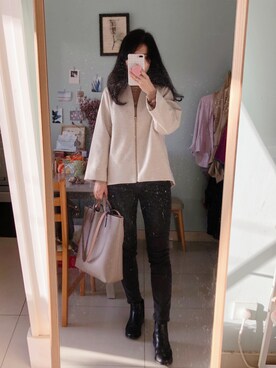 「no brand（ノーブランド）のアイテム（ノーカラージャケット）」を使った、Jinさん（レディース・167cm）の秋コーディネート