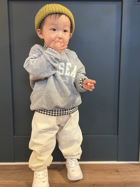 「チェック柄に恋してる」｜「アイテム（ニットキャップ/ビーニー）」を使った、ＯＴＯ ☺︎ ‬ＲＩＲＩさん（キッズ・80cm）の冬コーディネート