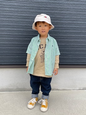「FRUIT OF THE LOOM（フルーツオブザルーム）のアイテム（帽子）」を使った、ＯＴＯ ☺︎ ‬ＲＩＲＩさん（キッズ・90cm）の春コーディネート