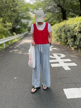 「earth music&ecology（アースミュージックアンドエコロジー）のクロシェビスチェ（ベスト）」を使った、ゆりさん（レディース・154cm）の夏コーディネート